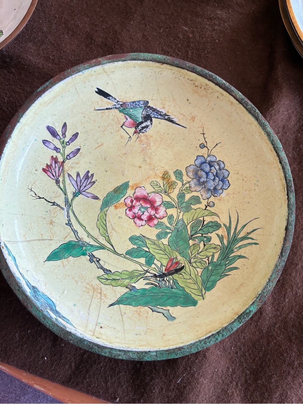 Hand-Painted Floral Bird Decorative Plate - Green & Cream